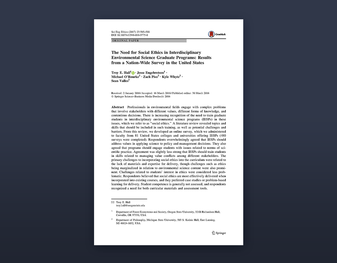 The need for social ethics in interdisciplinary environmental science graduate programs: Results from a nation-wide survey in the United States