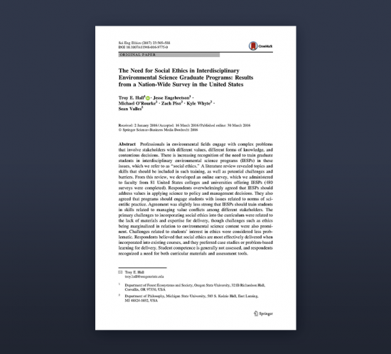 The need for social ethics in interdisciplinary environmental science graduate programs: Results from a nation-wide survey in the United States